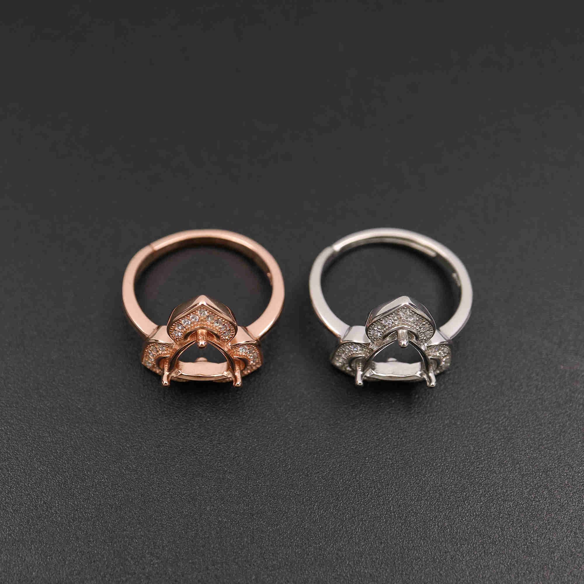 1Pcs 8MM Trillion Bezel Pave Flower Head Rose Gold Plated Solid 925 Sterling Silver Adjustable Ring Settings For DIY Gems Moissanite Stone 1294155 - Click Image to Close
